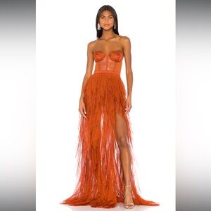 For Love & Lemons x Revolve Bustier Gown in Rust (XS)